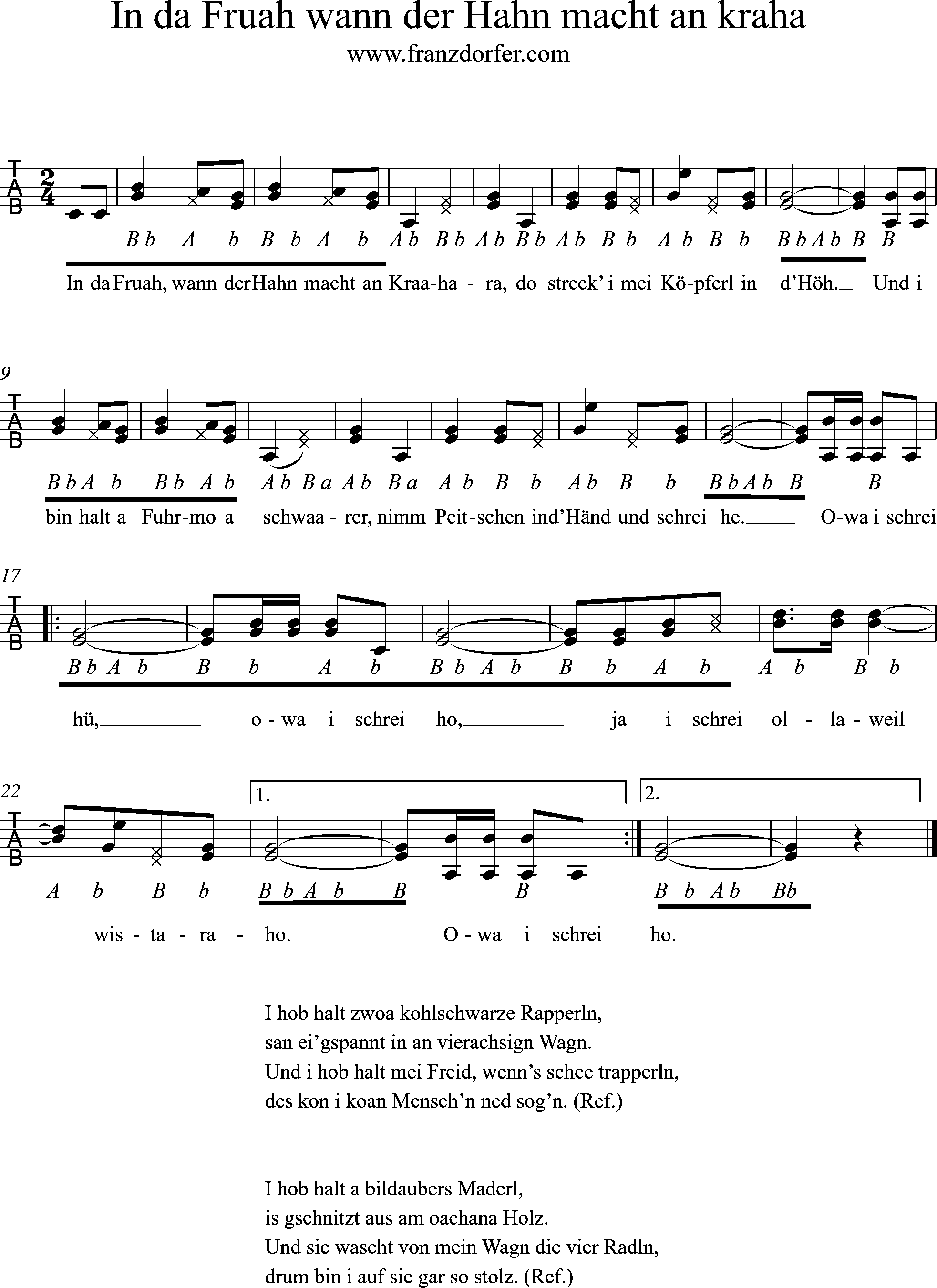 Ziachnoten, Griffschrift, Fuhrmannslied, in da Fruah wann der Hahn Griffschrift lernen, Fuhramnnslied